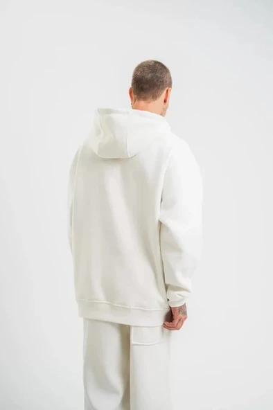 Unisex Double Oversize Kapşonlu Basic SweatShirt - Beyaz - Resim 3