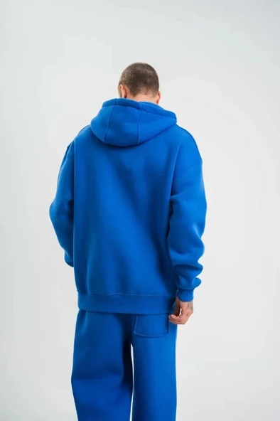 Unisex Double Oversize Kapşonlu Basic SweatShirt - Mavi - Resim 2