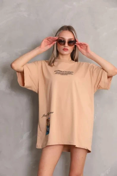 Unisex Bisiklet Yaka Baskılı Oversize T-Shirt - Bej ürün görseli