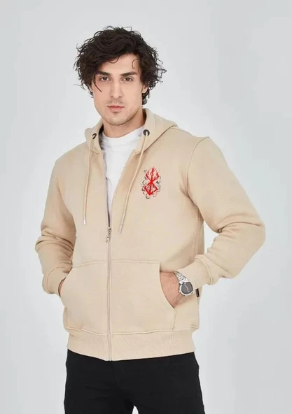 Unisex Baskılı Tam Fermuarlı Kapşonlu SweatShirt - Bej ürün görseli