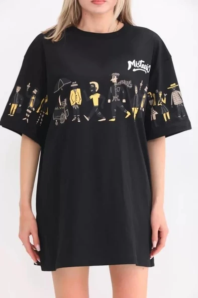 Unisex Bisiklet Yaka Baskılı Oversize T-Shirt - Siyah - Resim 3