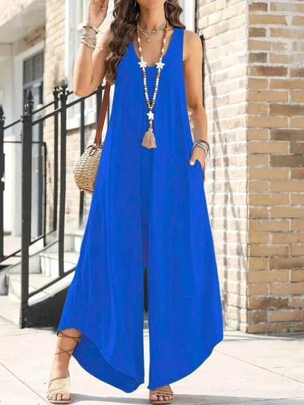 Kadın Askılı Yuvarlak Yaka Cepli Salaş Uzun Viskon Tulum ürün görseli