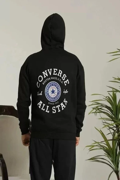 Unisex Kapüşonlu Üç İplik Oversize  Baskılı Sweatshirt - Siyah ürün görseli