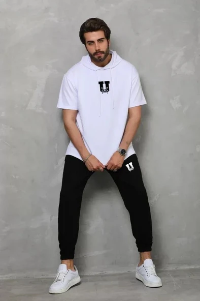 Unisex Kapşonlu Oversize T-Shirt Takım - Beyaz ürün görseli