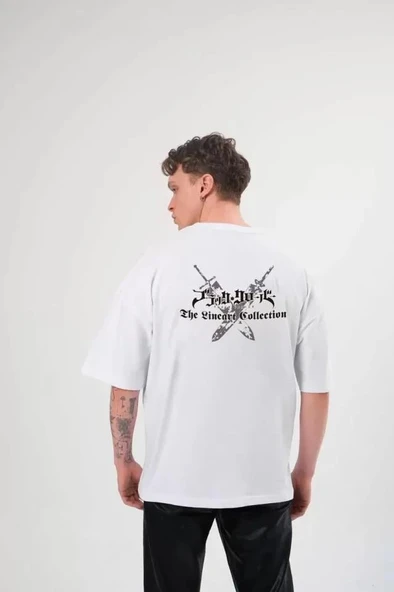 Unisex Bisiklet Yaka Baskılı Oversize T-Shirt - Beyaz - Resim 2