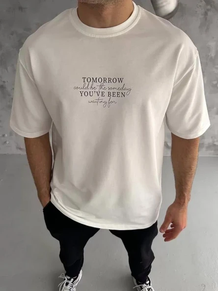 Unisex Bisiklet Yaka Baskılı Oversize T-Shirt - Beyaz ürün görseli