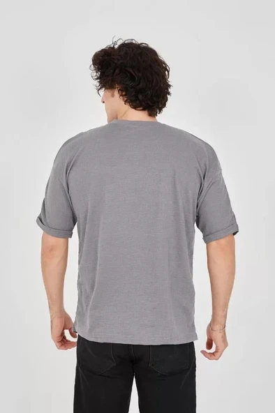 Unisex Jakar Kumaş Rahat Kol T-Shirt - Gri - Resim 3
