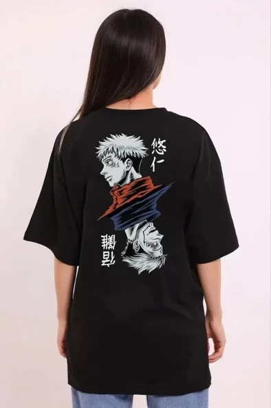 Unisex Bisiklet Yaka Baskılı Oversize T-Shirt - Siyah - Resim 2