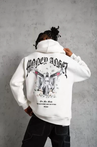 Erkek Kordon İpli Baskılı Kapüşonlu Sweatshirt - Beyaz - Resim 2