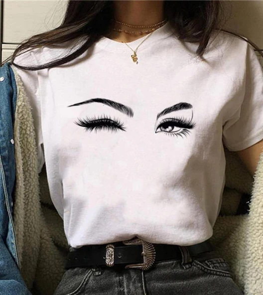 Kadın Kısa Kollu Bisiklet Yaka Göz Baskılı Süprem T-shirt - Resim 5