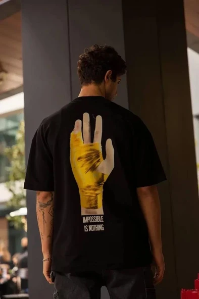 Unisex Bisiklet Yaka Baskılı Oversize T-Shirt - Siyah - Resim 2