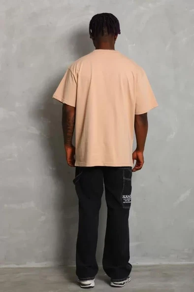 Unisex Oversize Düz Bisiklet Yaka T-Shirt - Bej - Resim 2