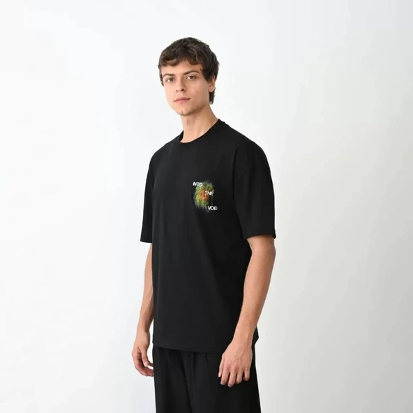 Unisex Bisiklet Yaka Baskılı Oversize T-Shirt - Siyah - Resim 2