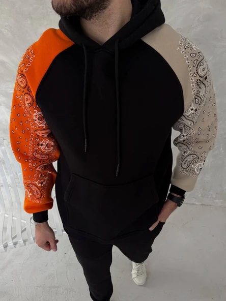 Üç İplik Penye Kapşonlu Parçalı SweatShirt - Siyah - Resim 3