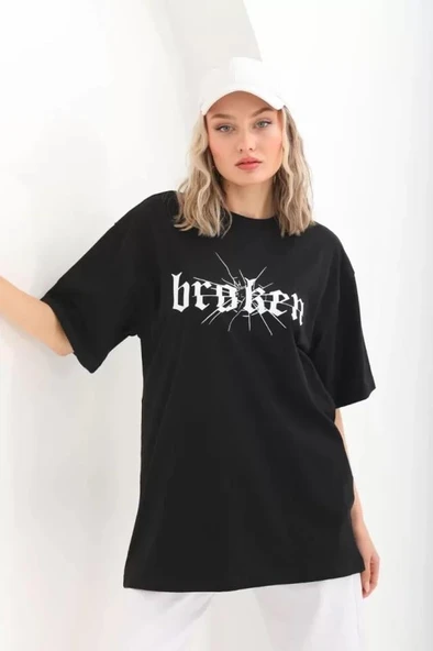 Unisex Baskılı Oversize T-Shirt - Siyah ürün görseli