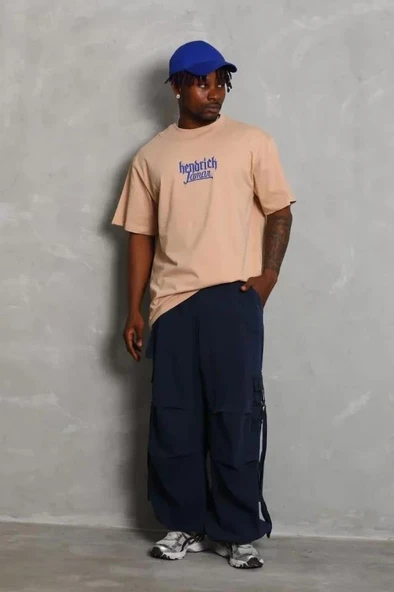 Unisex Oversize Baskılı Bisiklet Yaka T-Shirt - Bej - Resim 2