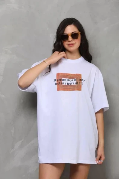 Unisex Bisiklet Yaka Baskılı Oversize T-Shirt - Beyaz ürün görseli