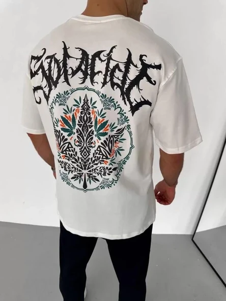 Unisex Bisiklet Yaka Baskılı Oversize T-Shirt - Beyaz - Resim 2