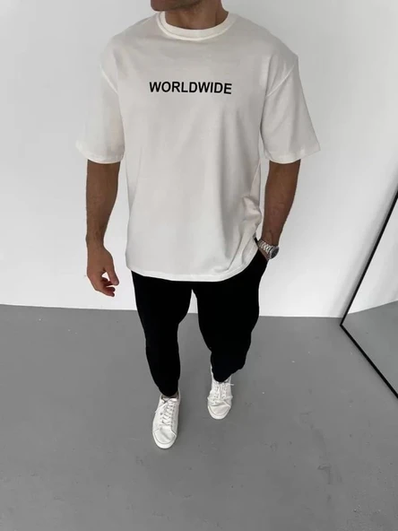 Unisex Bisiklet Yaka Baskılı Oversize T-Shirt - Beyaz ürün görseli