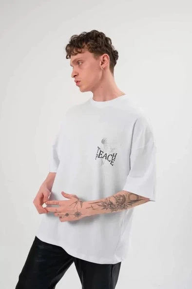 Unisex Bisiklet Yaka Baskılı Oversize T-Shirt - Beyaz - Resim 2