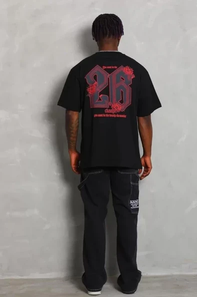 Unisex Oversize Baskılı Bisiklet Yaka T-Shirt - Siyah - Resim 2