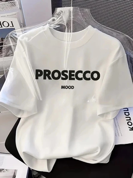 Baskılı Oversize Bisiklet Yaka T-shirt - Beyaz ürün görseli