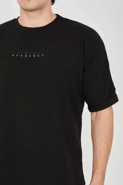 Unisex Jakar Kumaş Rahat Kol T-Shirt - Siyah - Resim 3