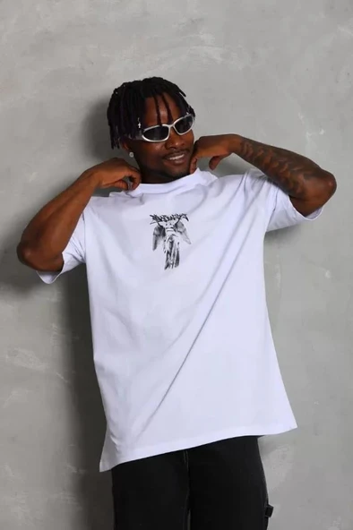 Unisex Oversize Baskılı Bisiklet Yaka T-Shirt - Beyaz ürün görseli