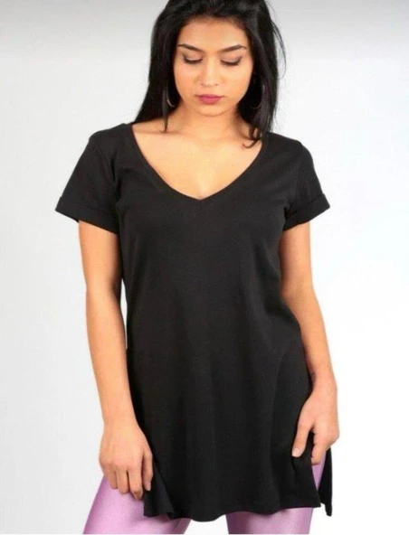 Kadın Kısa Kollu V Yaka Yanları Yırtmaç Detay Penye Bluz - Resim 2