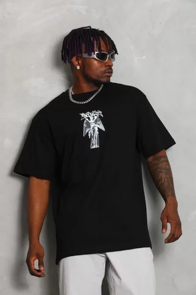 Unisex Oversize Baskılı Bisiklet Yaka T-Shirt - Siyah ürün görseli