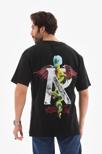 Unisex Bisiklet Yaka Baskılı Oversize T-Shirt - Siyah - Resim 4