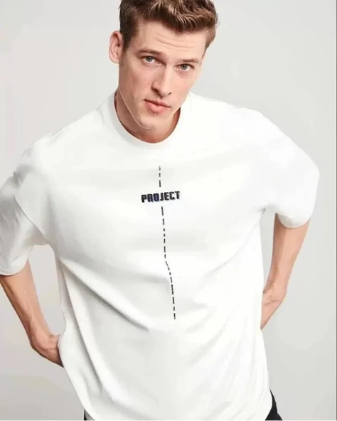 Unisex Bisiklet Yaka Baskılı Oversize T-Shirt - Beyaz ürün görseli