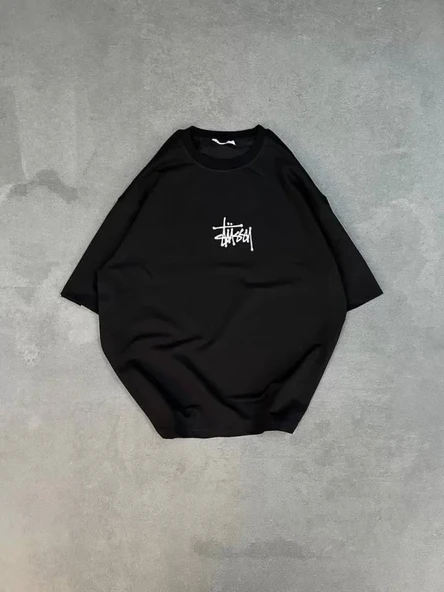 Unisex Bisiklet Yaka Baskılı Oversize T-Shirt - Siyah ürün görseli