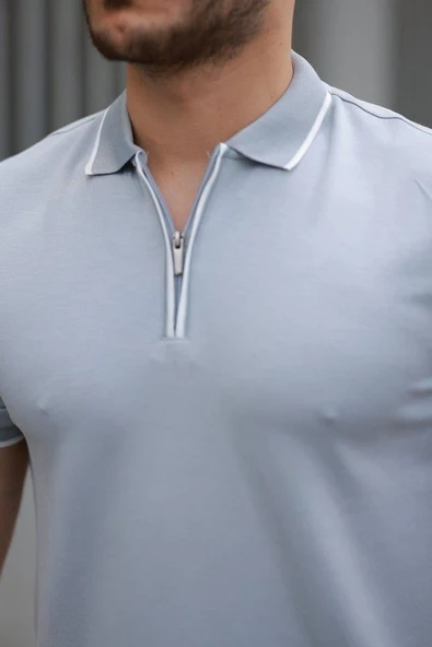 Erkek Fermuar Yakalı çizgi Detaylı Kısa Kollu Tişört - Resim 3