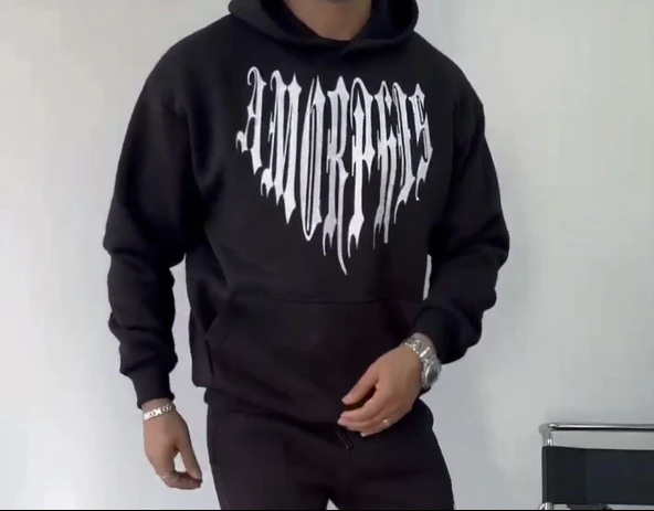 Uzun Kol Kapşonlu Baskılı SweatShirt - Siyah - Resim 2