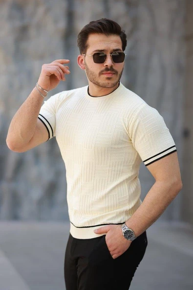 Erkek Jakarlı Ribanalı Kısa Kollu T-shirt - Resim 2