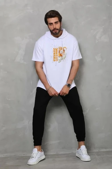 Unisex Kapşonlu Kısa Kol Oversize Baskılı T-Shirt - Beyaz ürün görseli