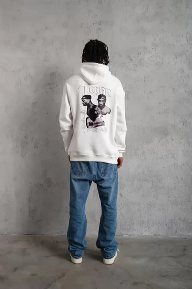 Erkek Kol Ve Etek Ribana Baskılı Kapüşonlu Sweat - Beyaz - Resim 3