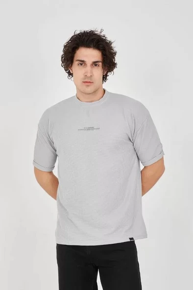 Unisex Waffle Kumaş Rahat Kol T-Shirt - Boyalı Gri ürün görseli