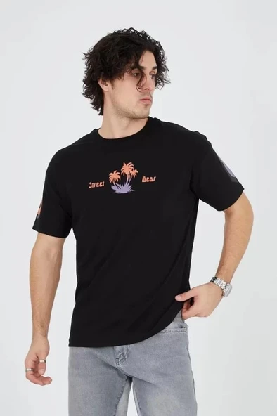 Erkek Ön Ve Arka Baskılı T-Shirt - Siyah - Resim 2