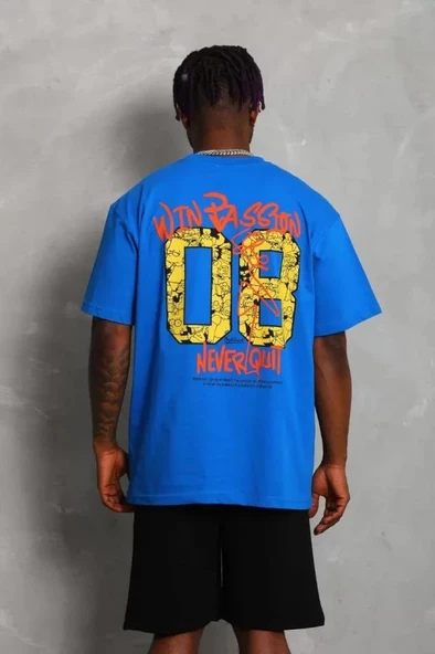 Unisex Oversize Baskılı Bisiklet Yaka T-Shirt - Mavi - Resim 3