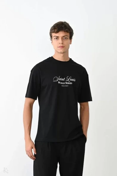 Unisex Bisiklet Yaka Baskılı Oversize T-Shirt - Siyah ürün görseli