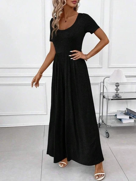 Kadın Kısa Kollu Yuvarlak Yaka Geniş Paçalı Bürümcük Tulum - Resim 4