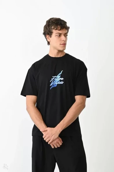 Unisex Bisiklet Yaka Baskılı Oversize T-Shirt - Siyah - 1