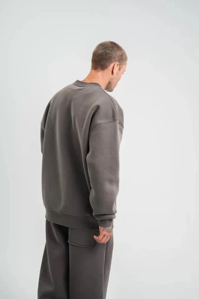Uzun Kol Bisiklet Yaka Basic SweatShirt - Füme - Resim 2