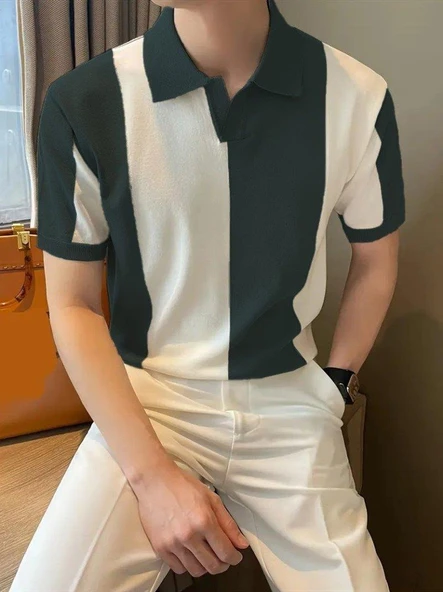 Erkek Kısa Kollu Polo Yakalı Blok Desenli Triko Bluz ürün görseli