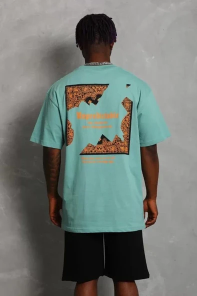 Unisex Oversize Baskılı Bisiklet Yaka T-Shirt - Mint Yeşili - Resim 4