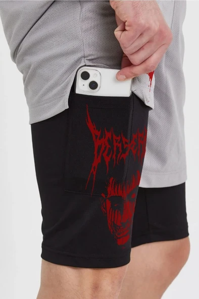 Unisex Baskılı İç Cepli Sporcu Alt Taytlı Şort - Gri - Resim 4