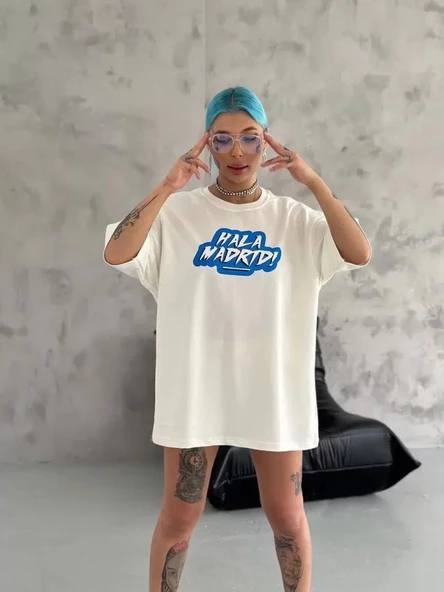 Unisex Bisiklet Yaka Baskılı Oversize T-Shirt - Beyaz - Resim 2