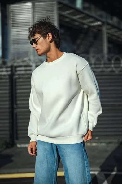 Kışlık Bisiklet Yaka Üç İplik Basic SweatShirt - Beyaz - Resim 2